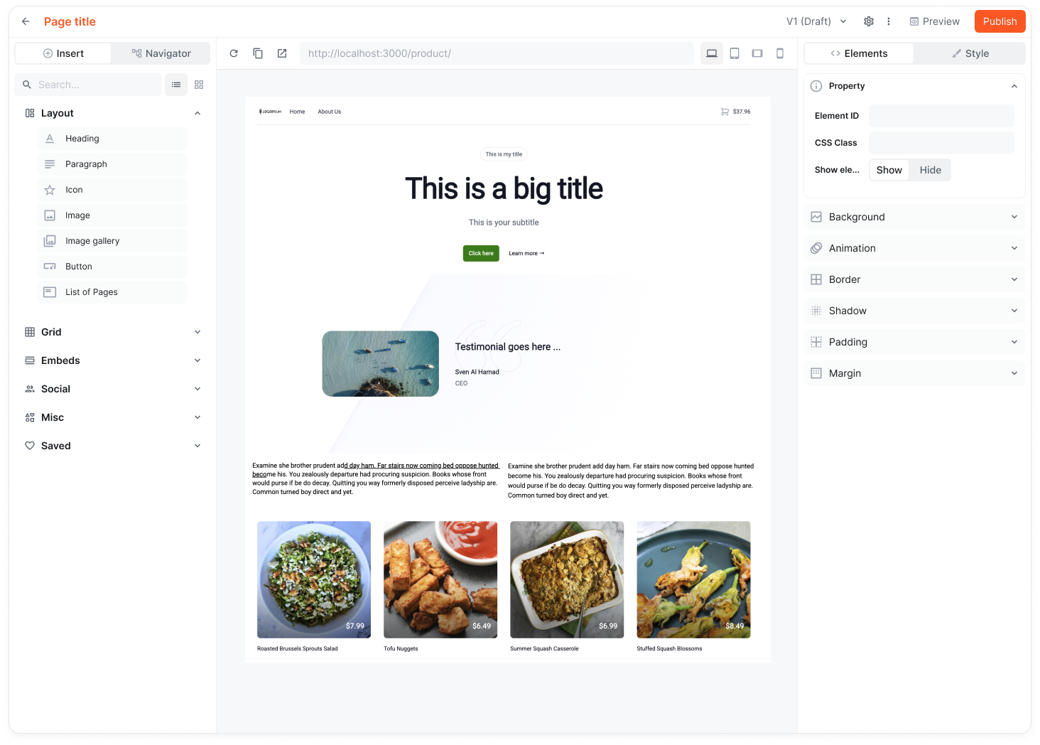 Website Builder editor interface showing component palette, canvas, and inputs sidebar